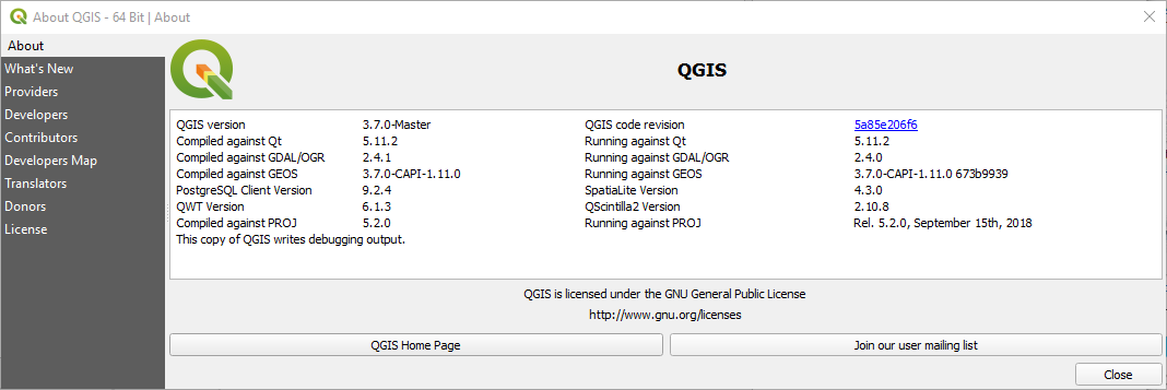 QGIS about on Windows 10